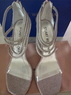Stuart Weitzman Silver Crystal-Strap Stiletto Sandals 9